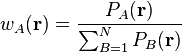 w_A(\mathbf{r}) = \frac{P_A(\mathbf{r})}{\sum_{B=1}^N P_B(\mathbf{r})}