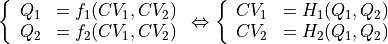\left\{\begin{array}{rl}
    Q_1 &= f_1(CV_1,CV_2) \\
    Q_2 &= f_2(CV_1,CV_2) \\
\end{array}\right. \Leftrightarrow \left\{\begin{array}{rl}
    CV_1 &= H_1(Q_1,Q_2) \\
    CV_2 &= H_2(Q_1,Q_2) \\
\end{array}\right.